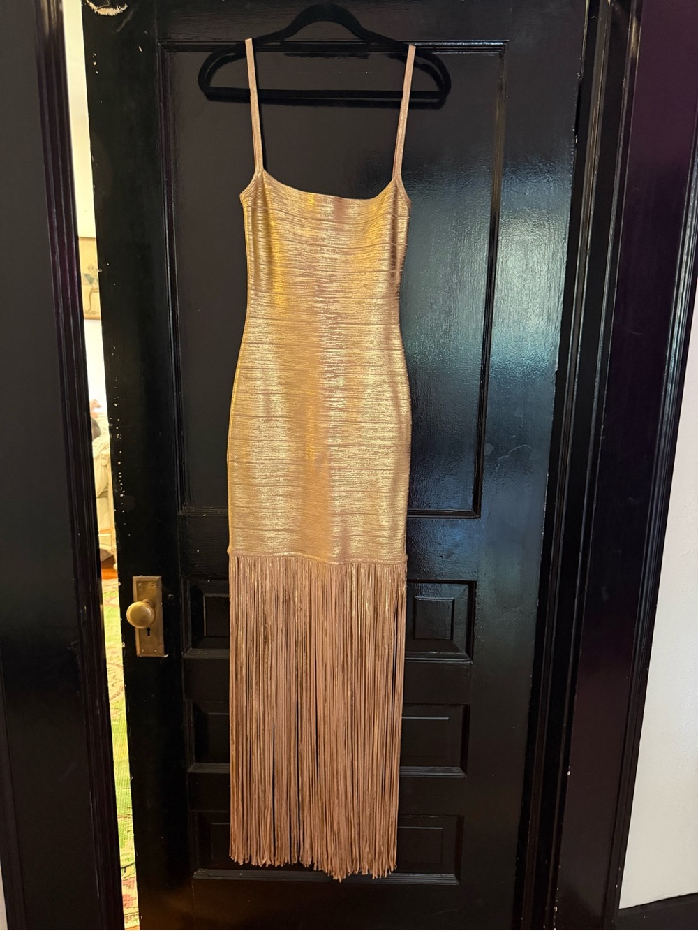Herve Leger banded foil fringe gown in gold size medium